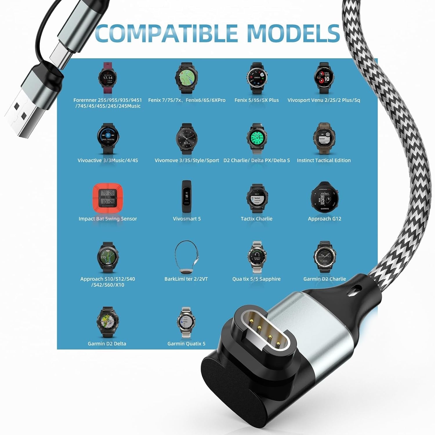 USB-A and USB-C Charger Cable for Garmin Watches - image 2