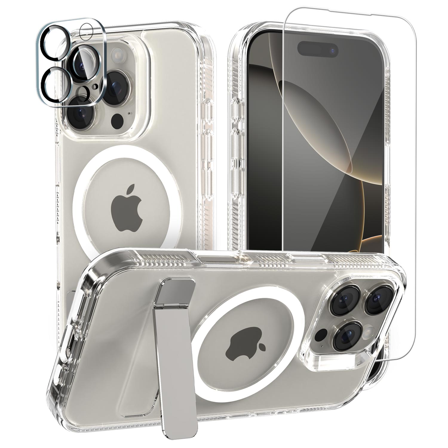 [Full Set] For iPhone 16 Pro Max Case Clear Magsafe Shockproof Kickstand Holder Cover