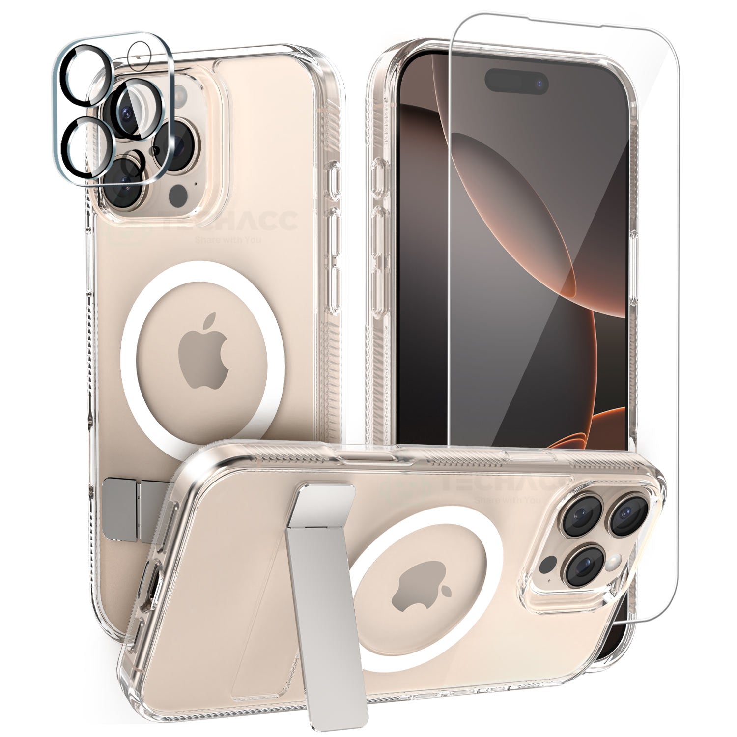 [Full Set] For iPhone 16 Pro Max Case Clear Magsafe Shockproof Kickstand Holder Cover