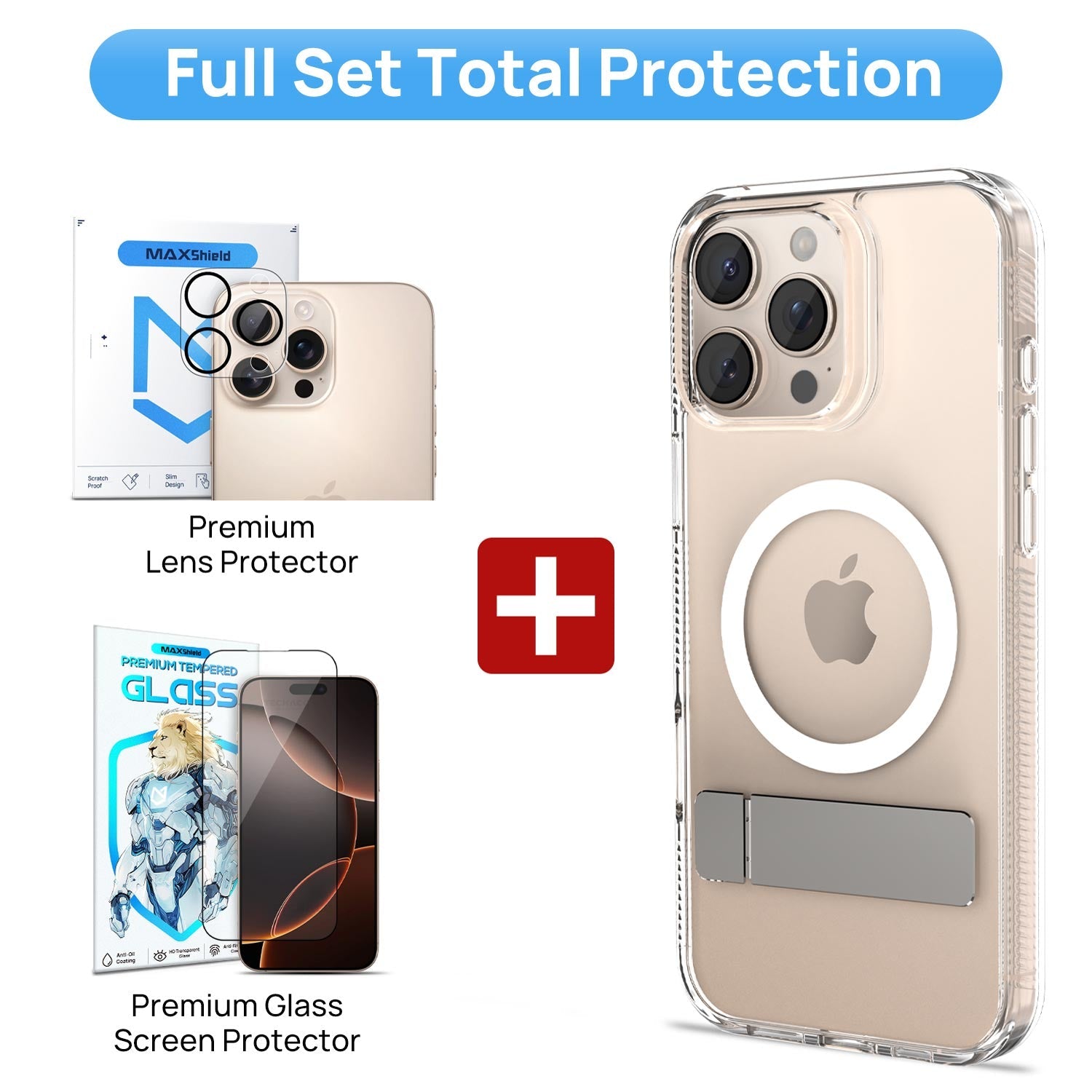[Full Set] For iPhone 16 Pro Max Case Clear Magsafe Shockproof Kickstand Holder Cover