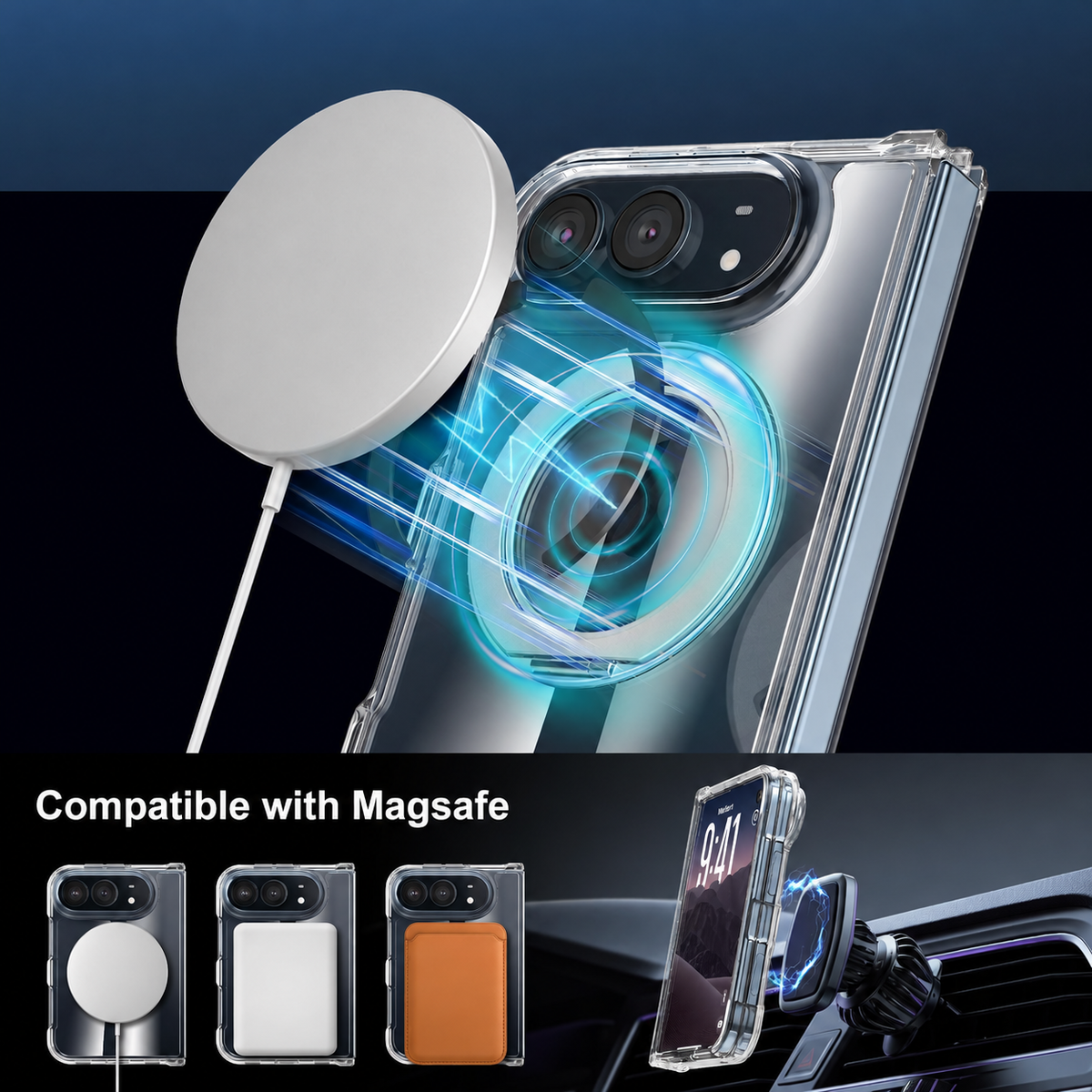 For iPhone Duo Case, Compatible with MagSafe - 360-Degree Rotating Ring Stand, Case Only, Clear