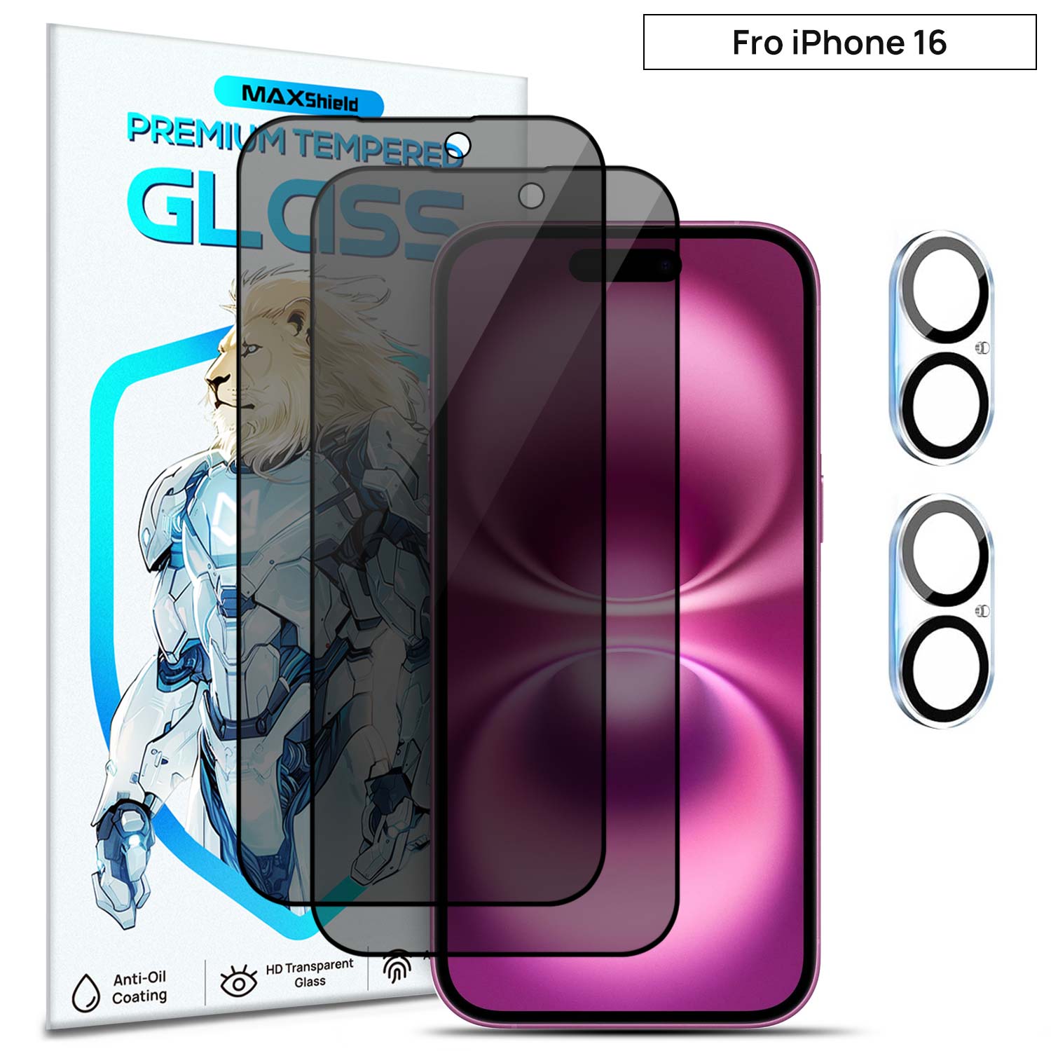 [2+2Pack] Privacy Anti-Spy Glass Screen Protector + Camera Lens Protector For iPhone 16 Pro Plus MAX