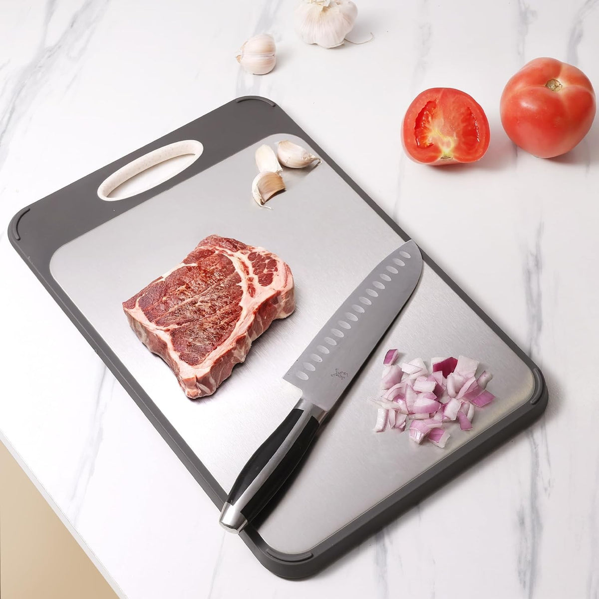 40 x 27cm Double-Sided Stainless Steel and Wheat Straw Chopping Board