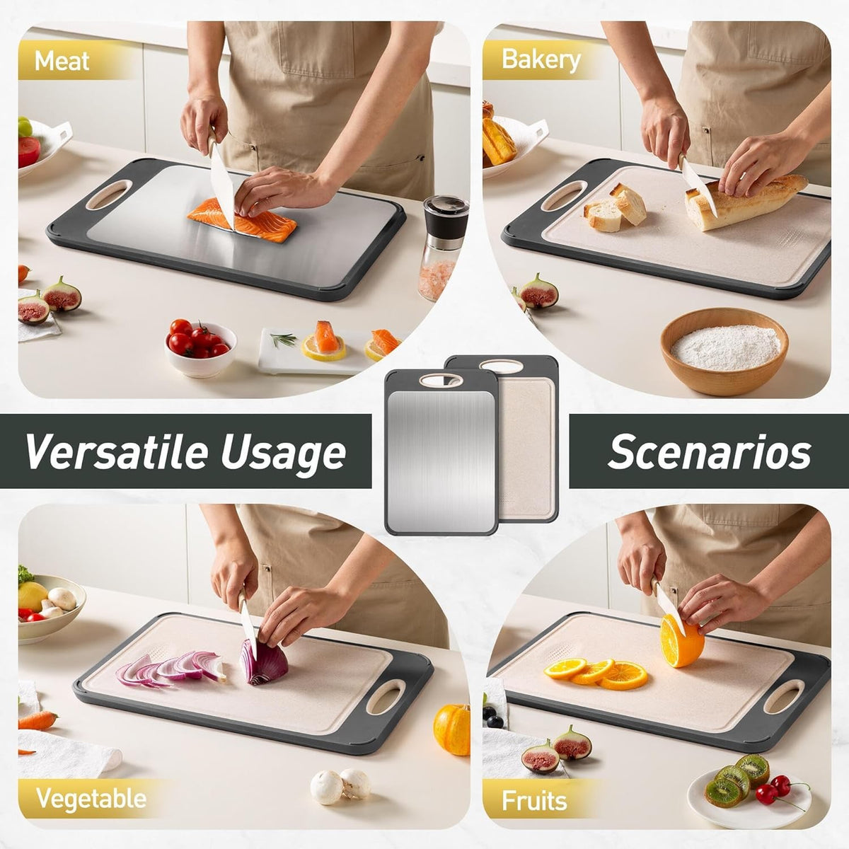 40 x 27cm Double-Sided Stainless Steel and Wheat Straw Chopping Board