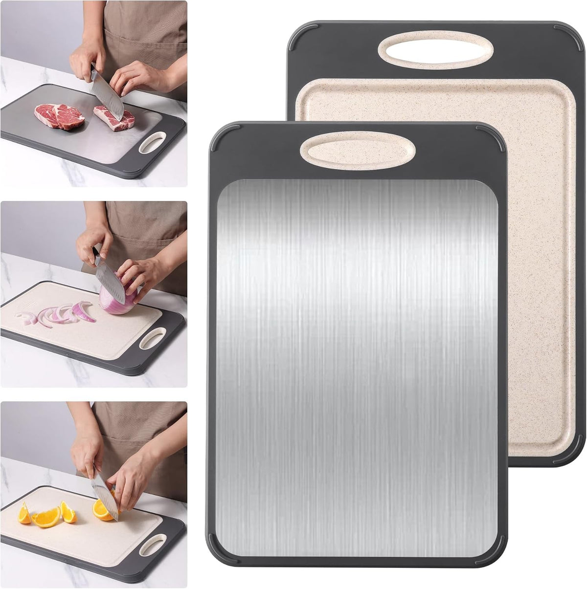 40 x 27cm Double-Sided Stainless Steel and Wheat Straw Chopping Board