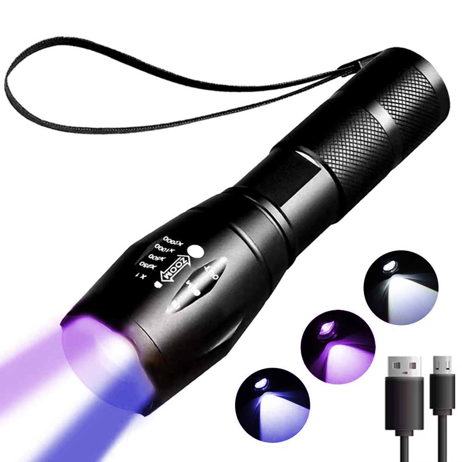 3 in 1 UV 395 Violet Blue USB LED Flashlight Rechargeable Inspection Lamp Torch