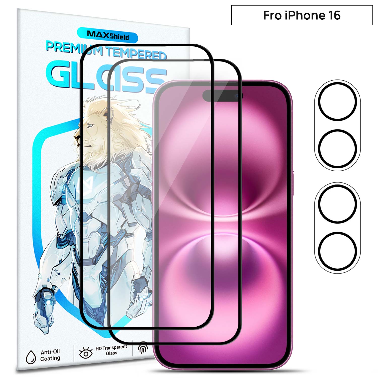 [2+2 Pack] MaxShield FullCoverage Tempered Glass Film + Camera Lens Protector for iPhone 16 Pro Plus Max