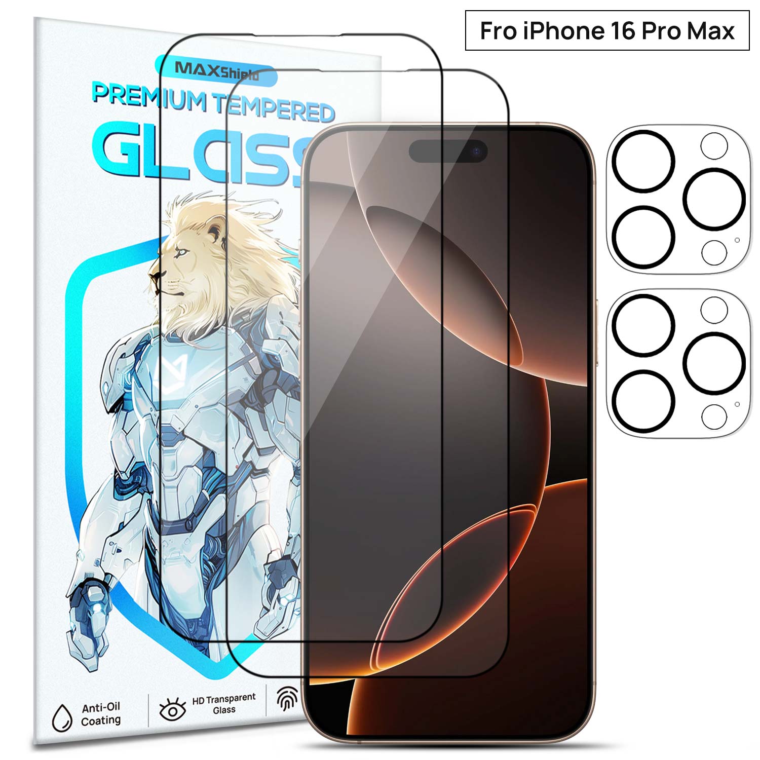 [2+2 Pack] MaxShield FullCoverage Tempered Glass Film + Camera Lens Protector for iPhone 16 Pro Plus Max