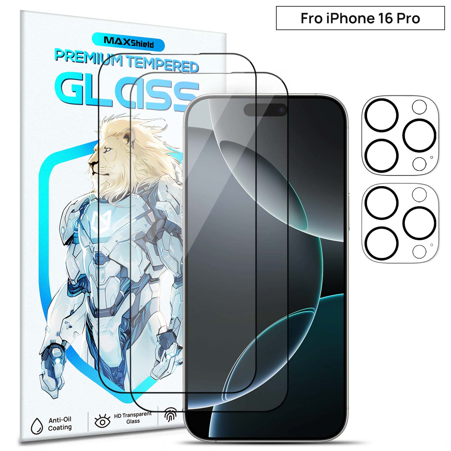 [2+2 Pack] MaxShield FullCoverage Tempered Glass Film + Camera Lens Protector for iPhone 16 Pro Plus Max