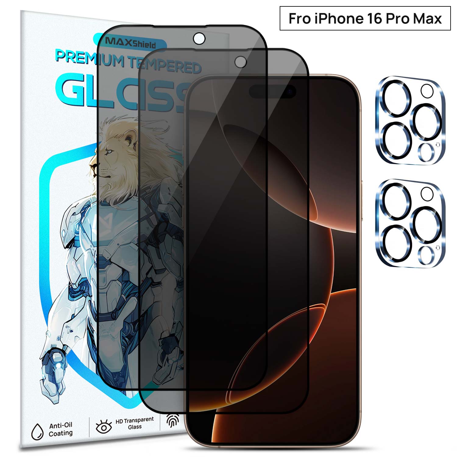 [2+2Pack] Privacy Anti-Spy Glass Screen Protector + Camera Lens Protector For iPhone 16 Pro Plus MAX