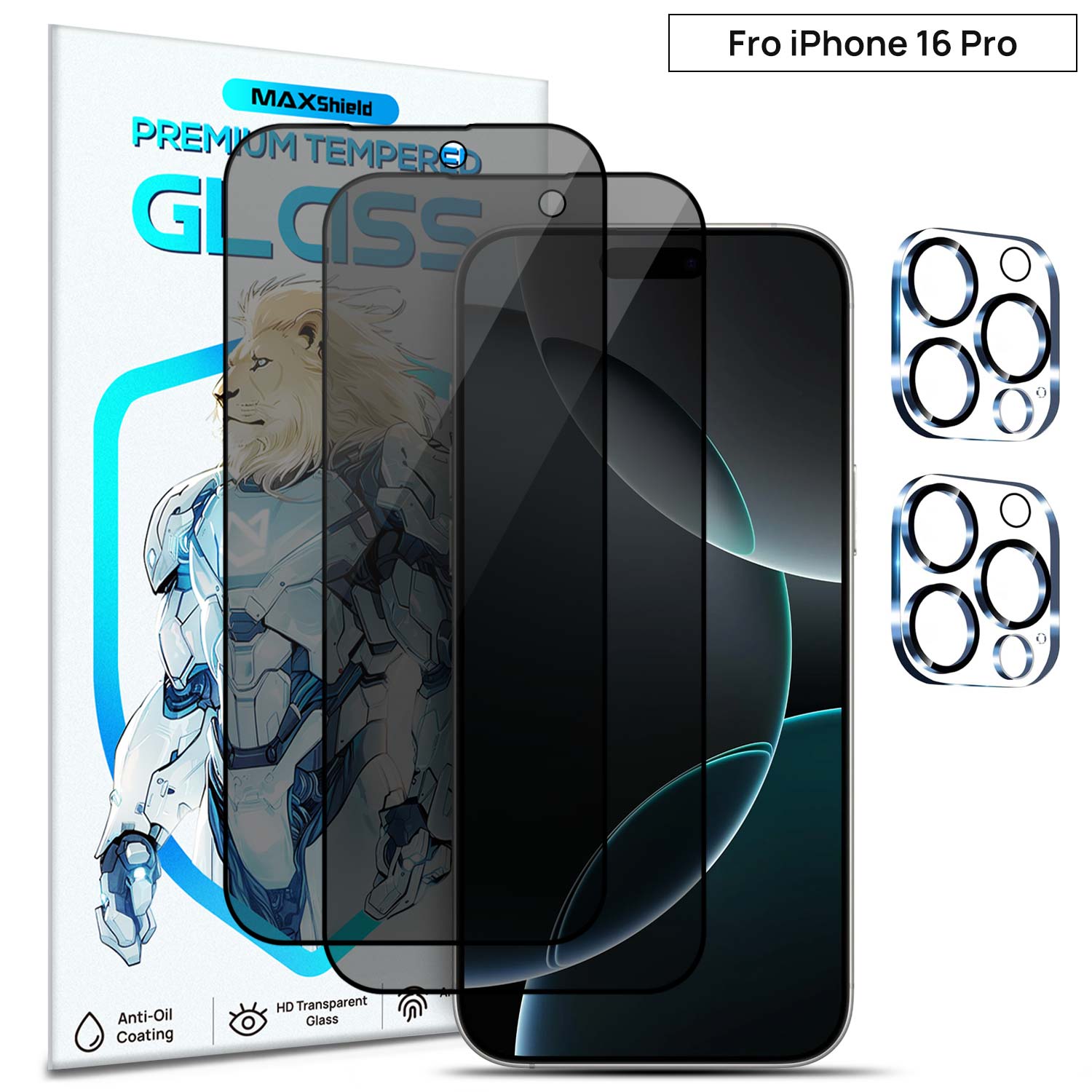 [2+2Pack] Privacy Anti-Spy Glass Screen Protector + Camera Lens Protector For iPhone 16 Pro Plus MAX