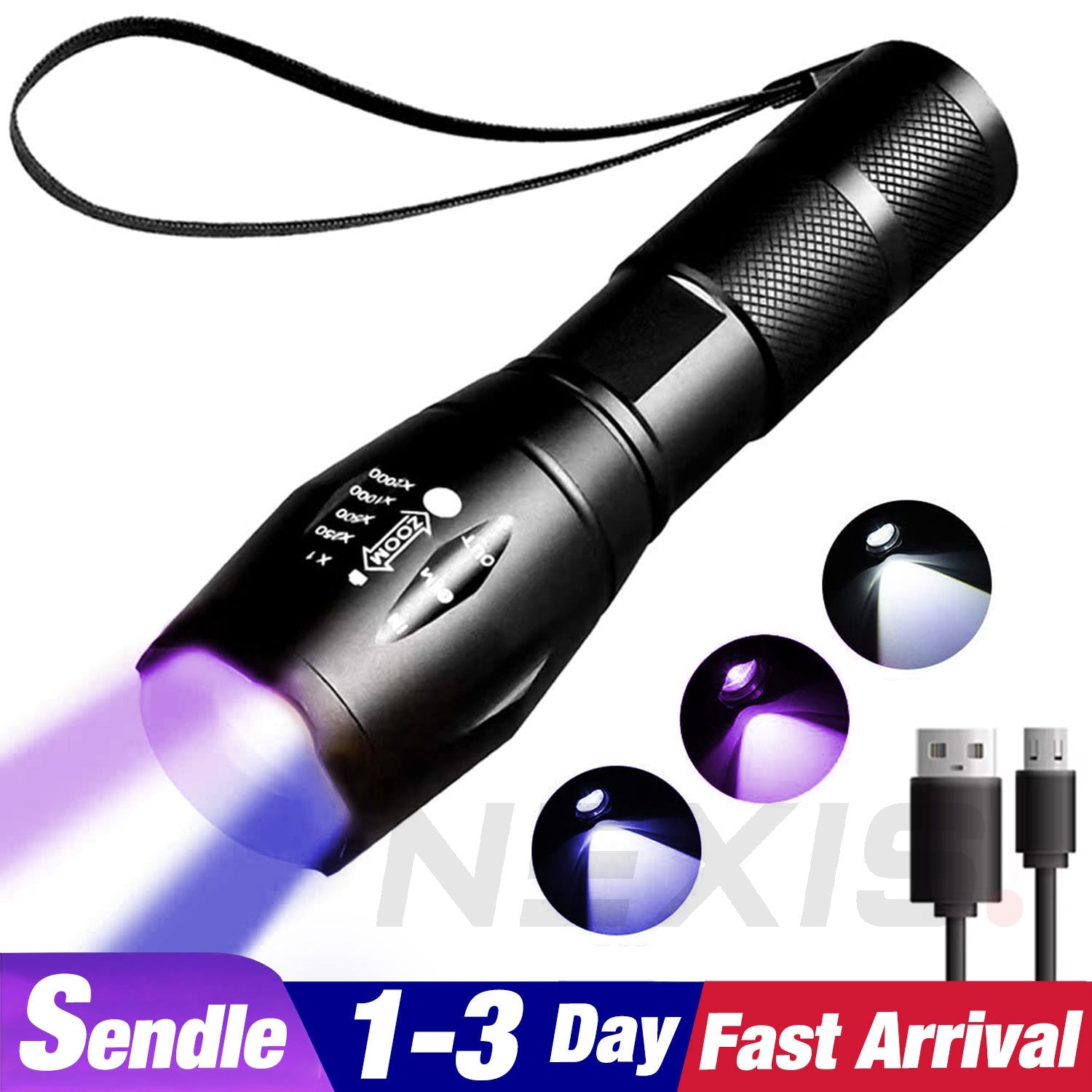 3 in 1 UV 395 Violet Blue USB LED Flashlight Rechargeable Inspection Lamp Torch