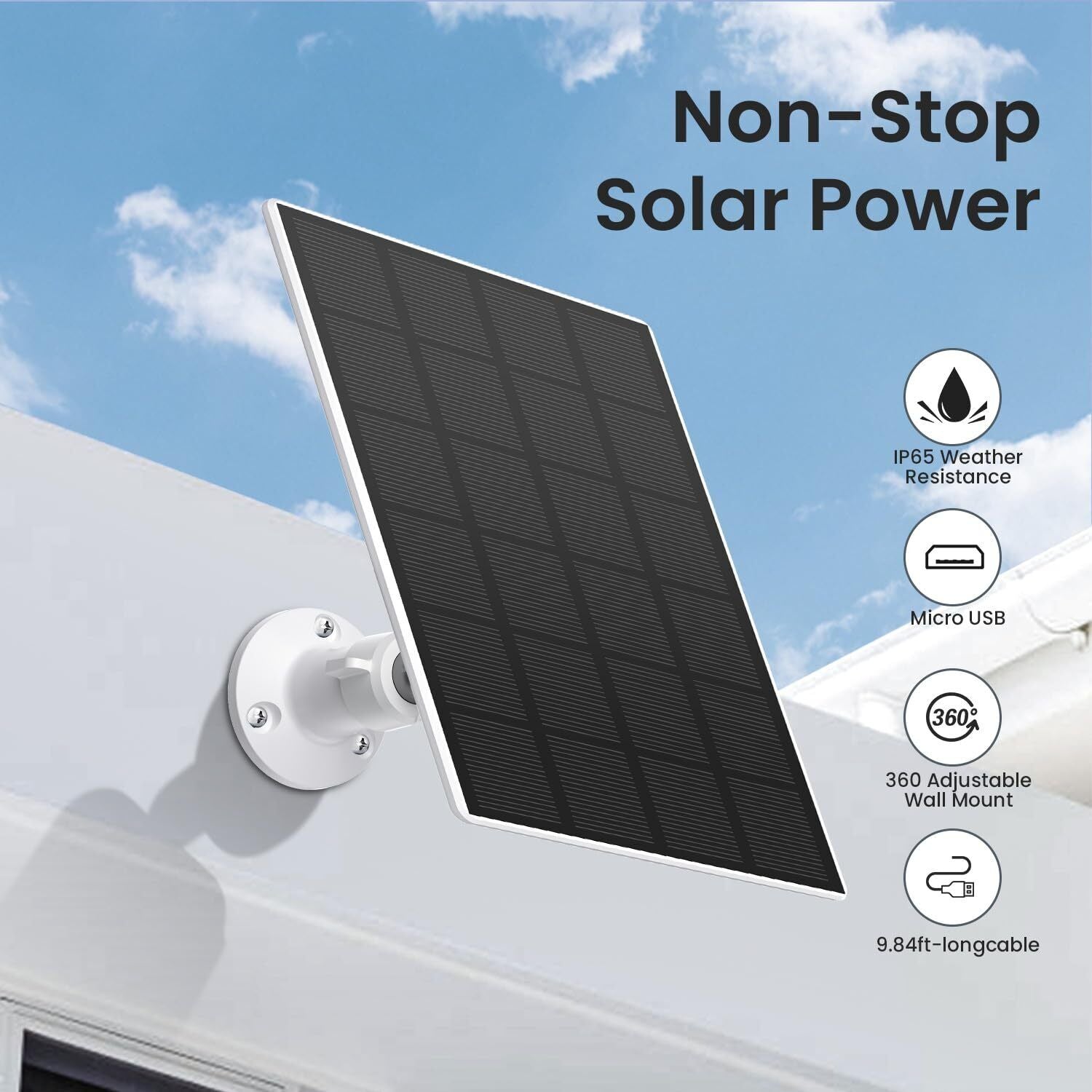 Solar Panel For Outdoor Security Camera Rechargeable Battery Micro USB 3M Cable