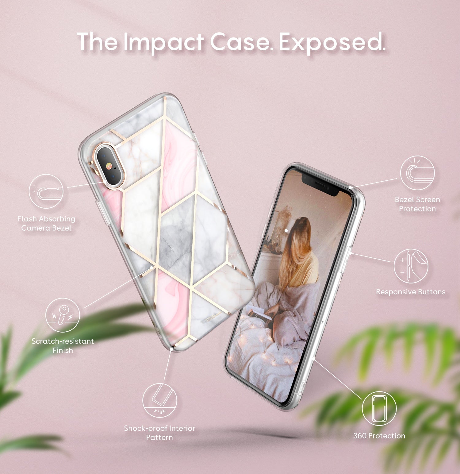 TiTiShark For iPhone X/XS Case Clear Marble Shockproof Case-Pink