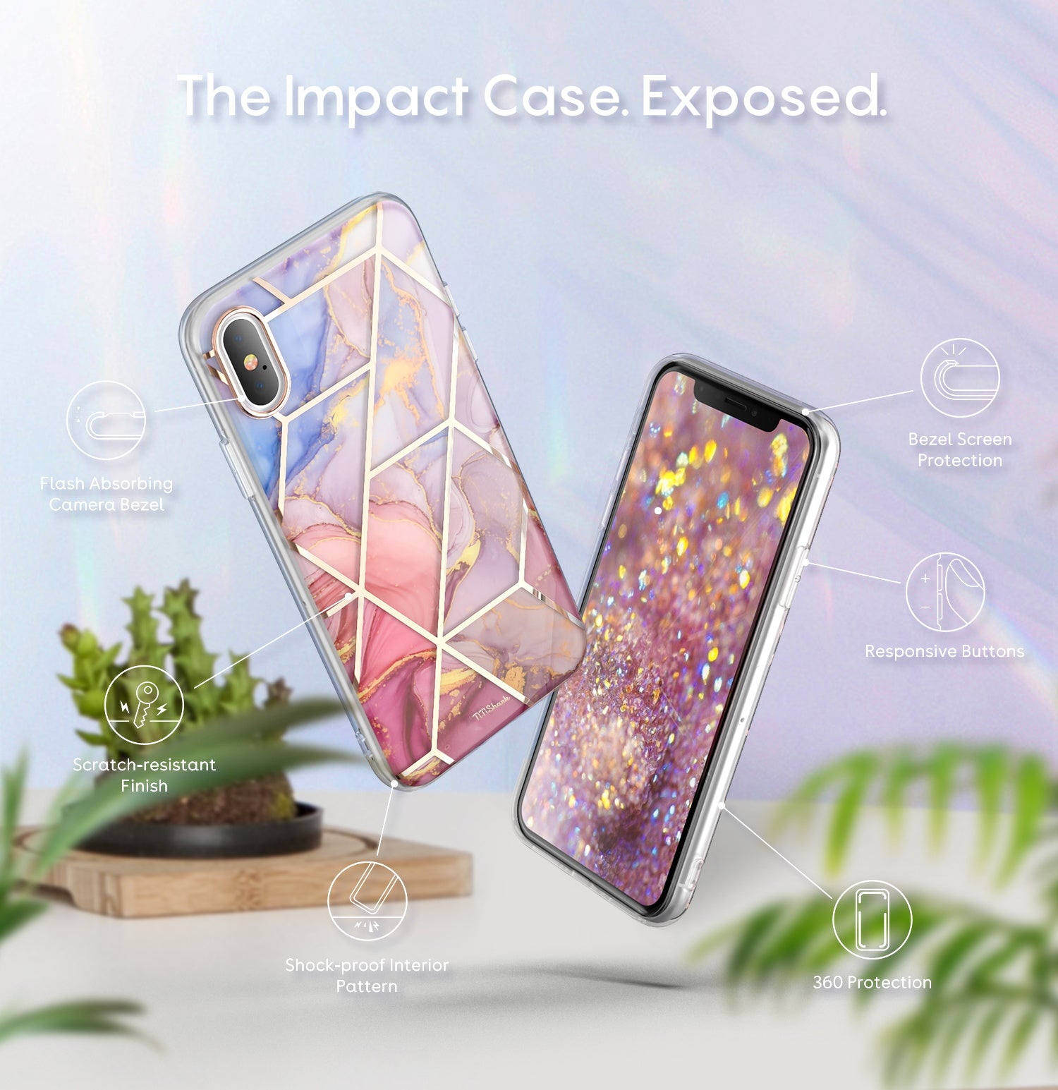 TiTiShark For iPhone X/XS Case Clear Marble Shockproof Case-Purple