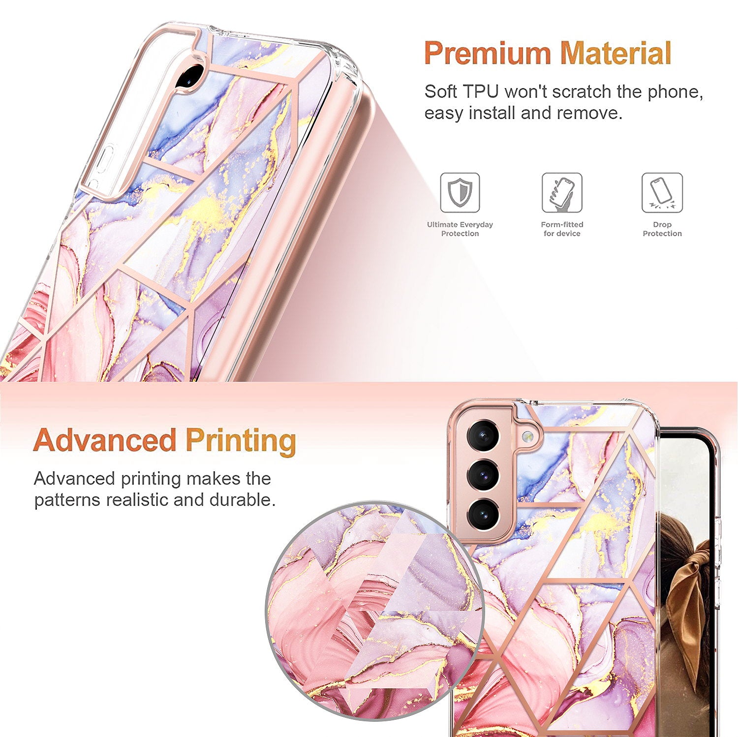 For Galaxy S22 Plus 5G Case Clear Slim Glitter Marble Shockproof Case Cover