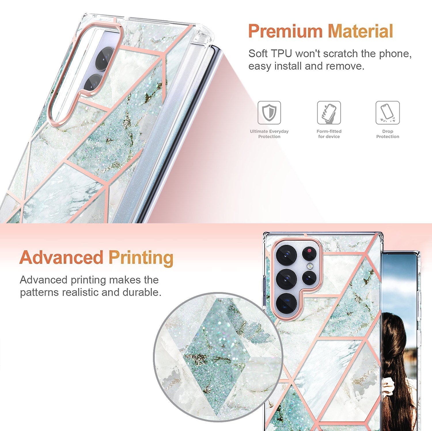 For Galaxy S22 Ultra 5G Case Clear Slim Glitter Marble Shockproof Case Cover