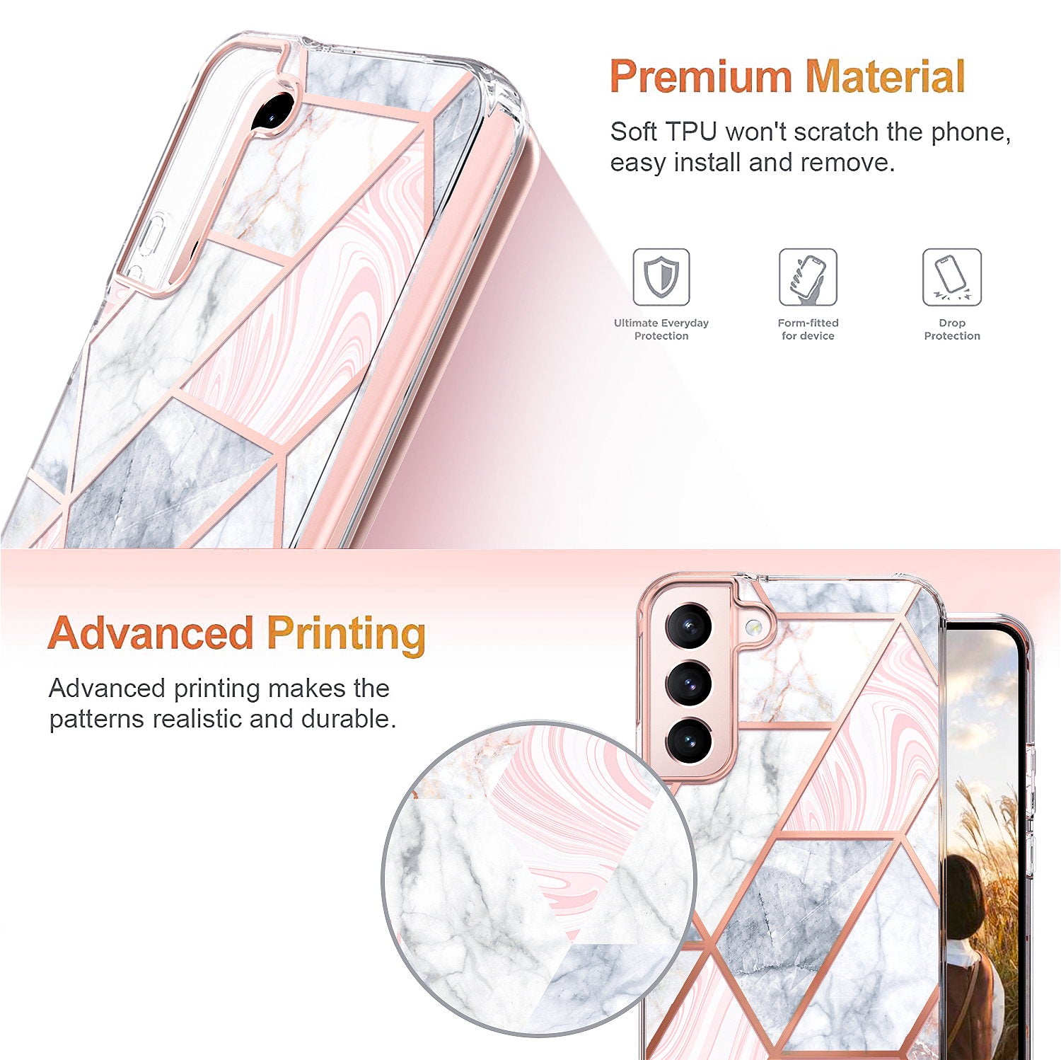 For Galaxy S22 Plus 5G Case Clear Slim Glitter Marble Shockproof Case Cover