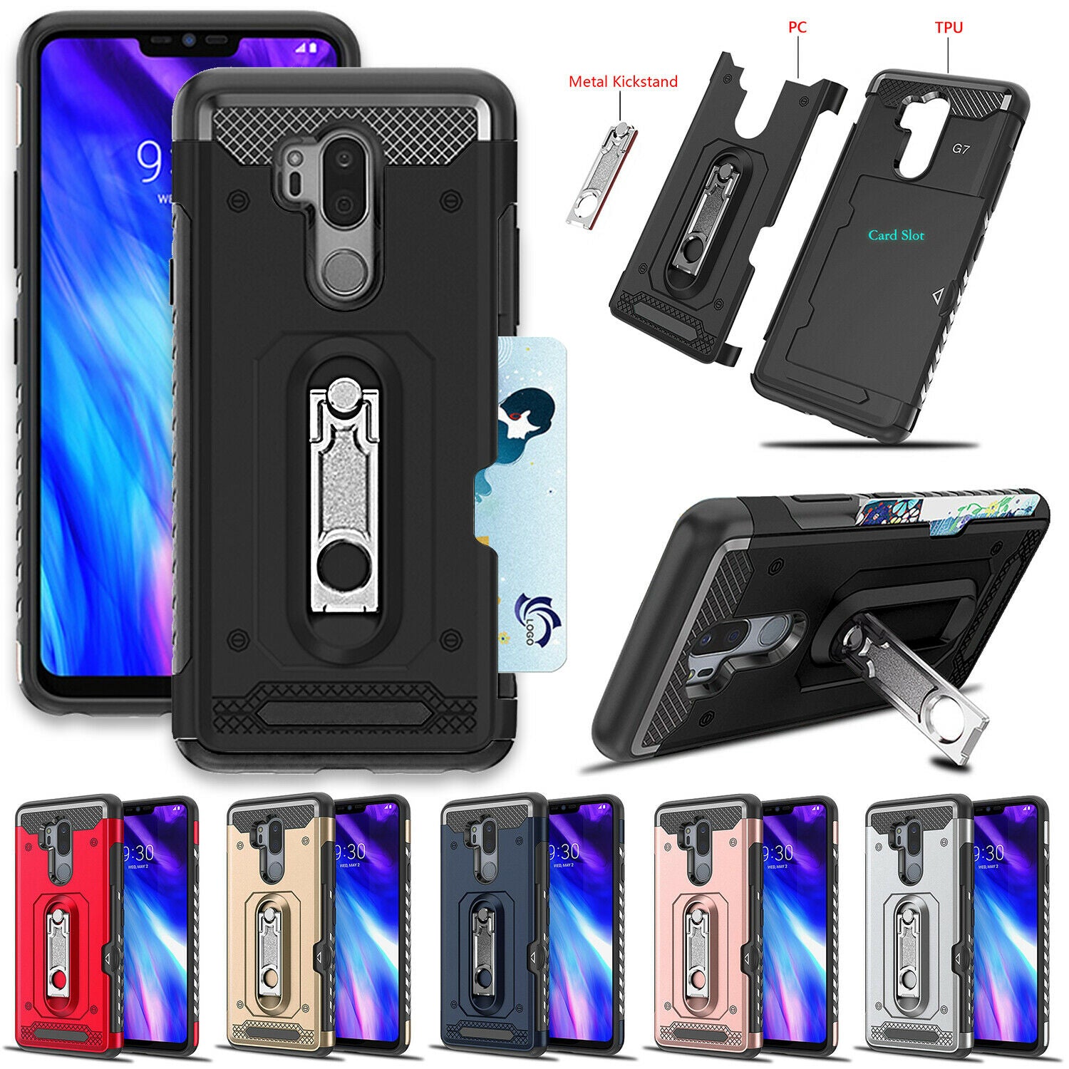 For LG G7 Case Hybrid TPU Heavy Duty Card Slot Stand Shockproof Cover