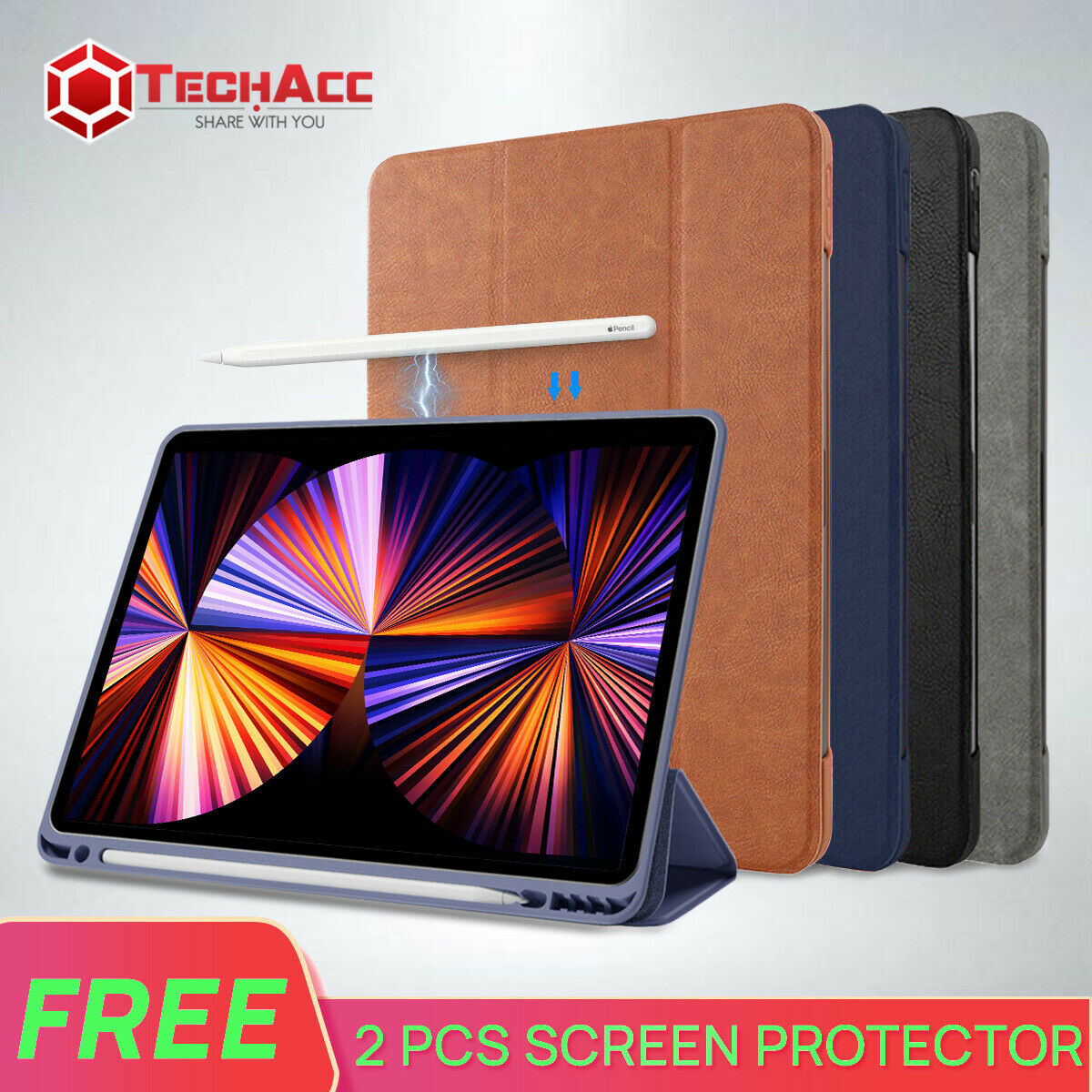 For iPad Pro 2021 12.9 Inch  Leather Case Cover Pencil Charging