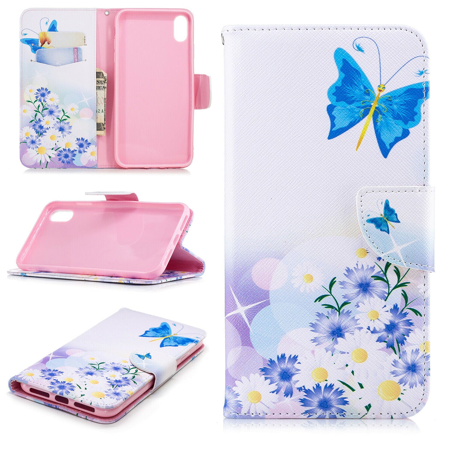 Samsung Galaxy A30 Wallet Leather Case Flip Magnetic Card Slot Cover-Blue Butterfly