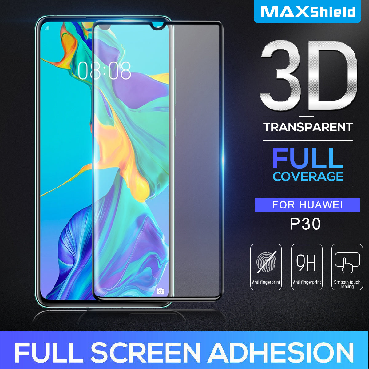 MAXSHIELD Huawei P30 Full Adhesion Tempered Glass Screen Protector Full coverage
