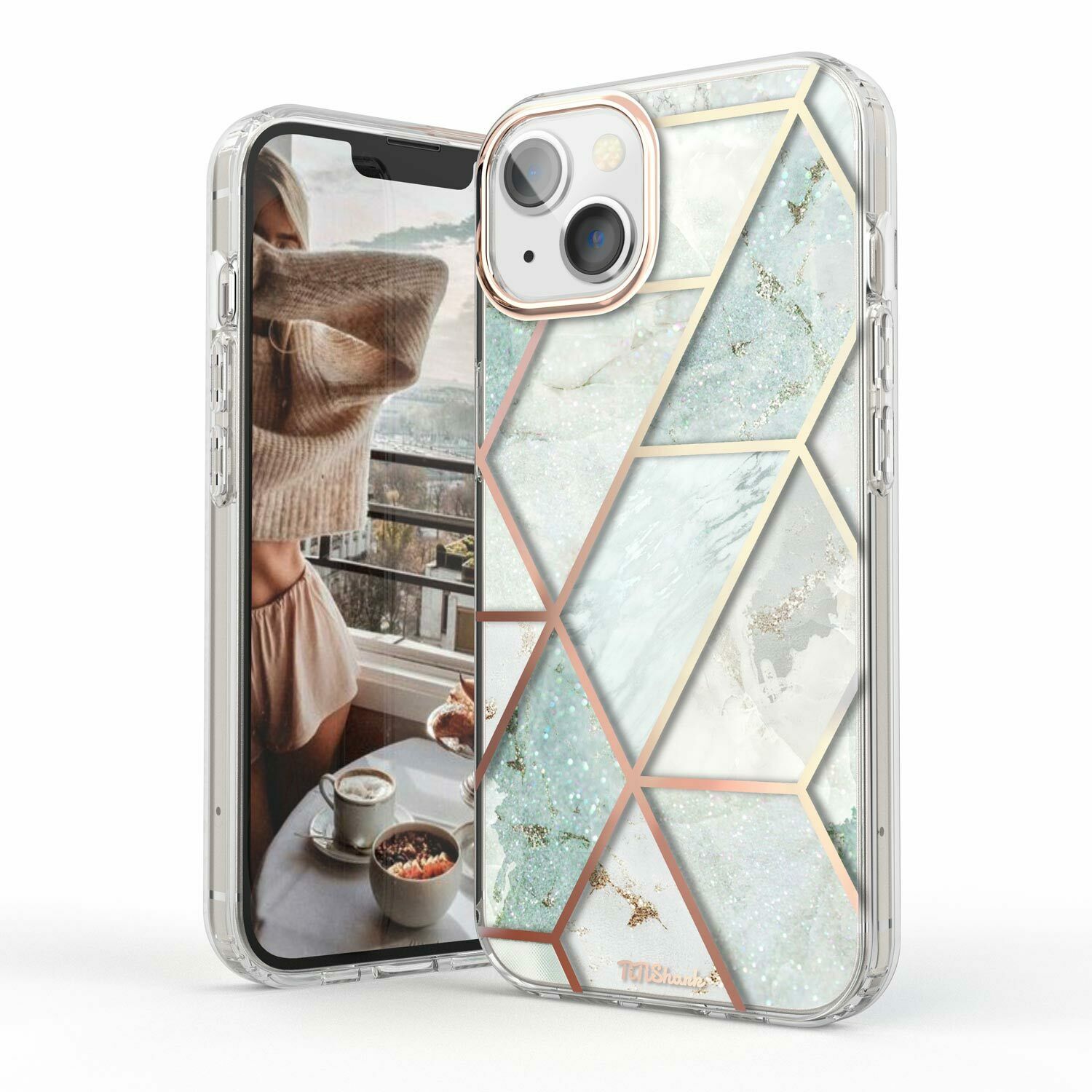 For iPhone 13 Pro Max Case Clear Marble Cute Glitter Shockproof Hard Cover