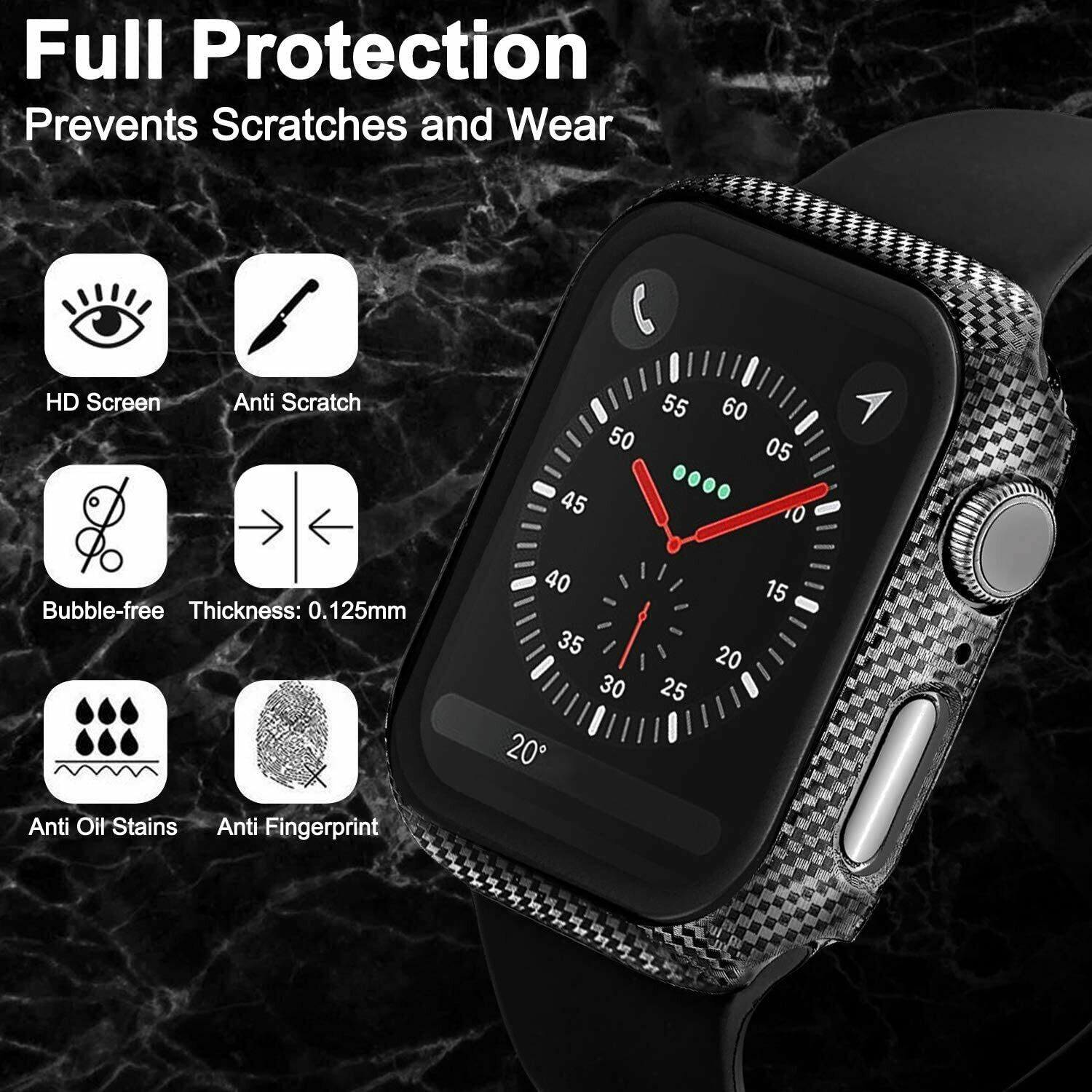 Apple Watch Series SE/6/5/4 44mm 360° TPU Carbon Fiber Full Cover Tempered Glass Case