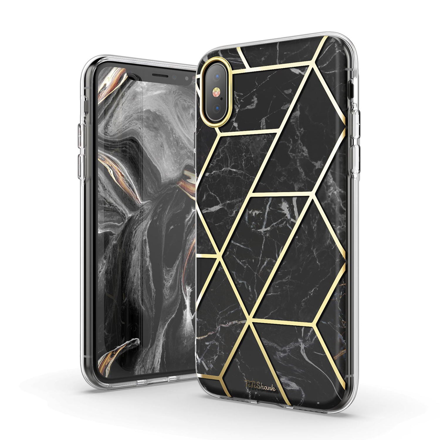 TiTiShark For iPhone X/XS Case Clear Marble Shockproof Case-Black