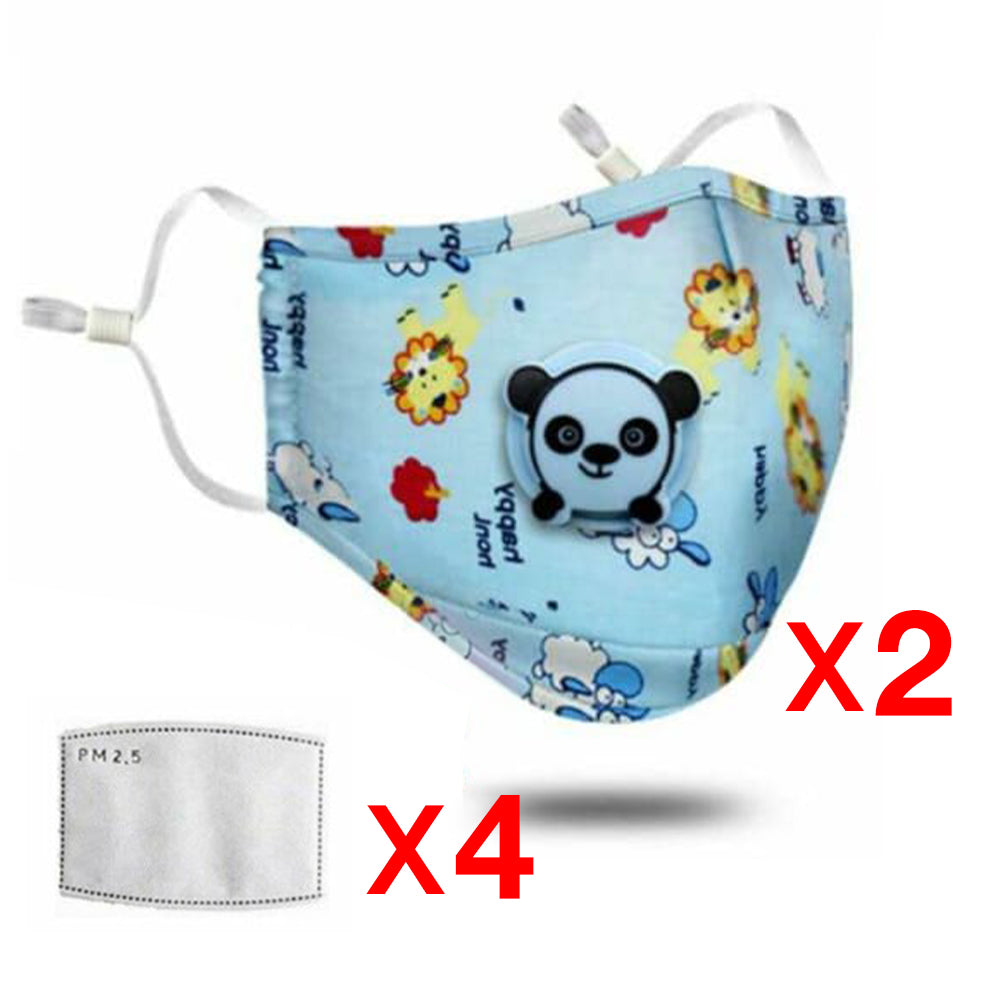 2 Blue Washable Reusable Anti Air Pollution Face Mask With Respirator &  4 Filters for Kids