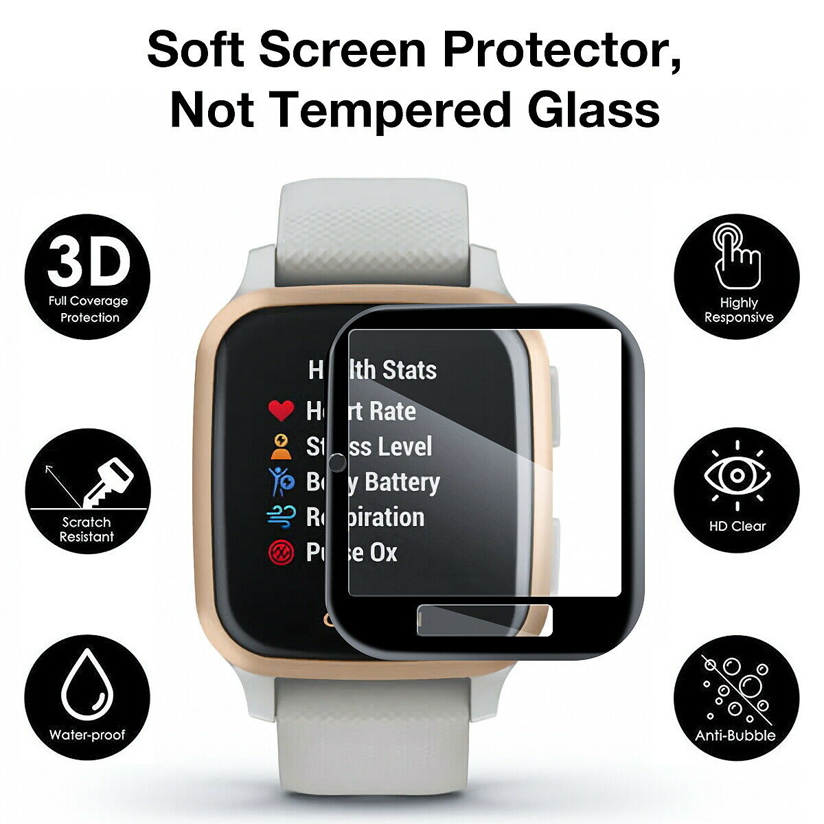 2X For Garmin Venu SQ Music Screen Protector 3D Full Cover Glass Film Watch