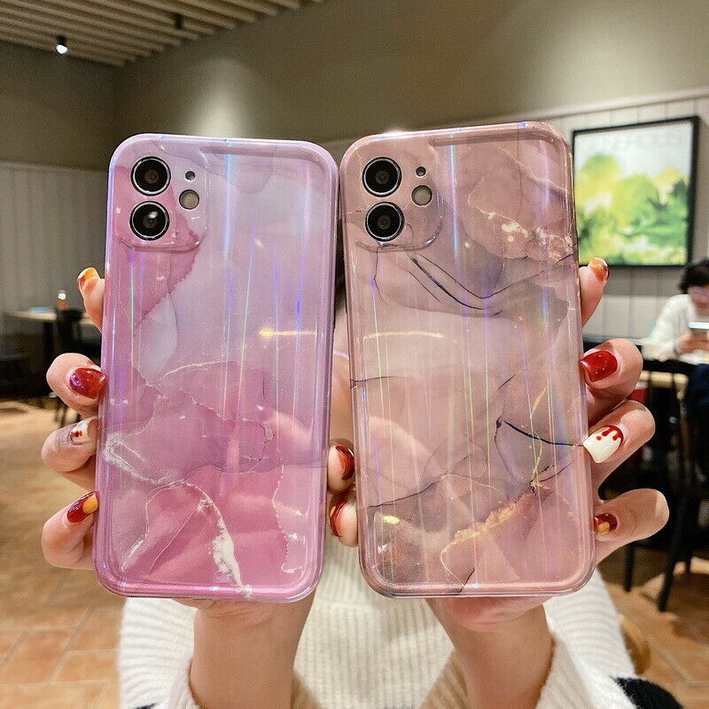 For iPhone 12 Soft Slim Case Silicone Marble Shockproof Laser Clear Cover