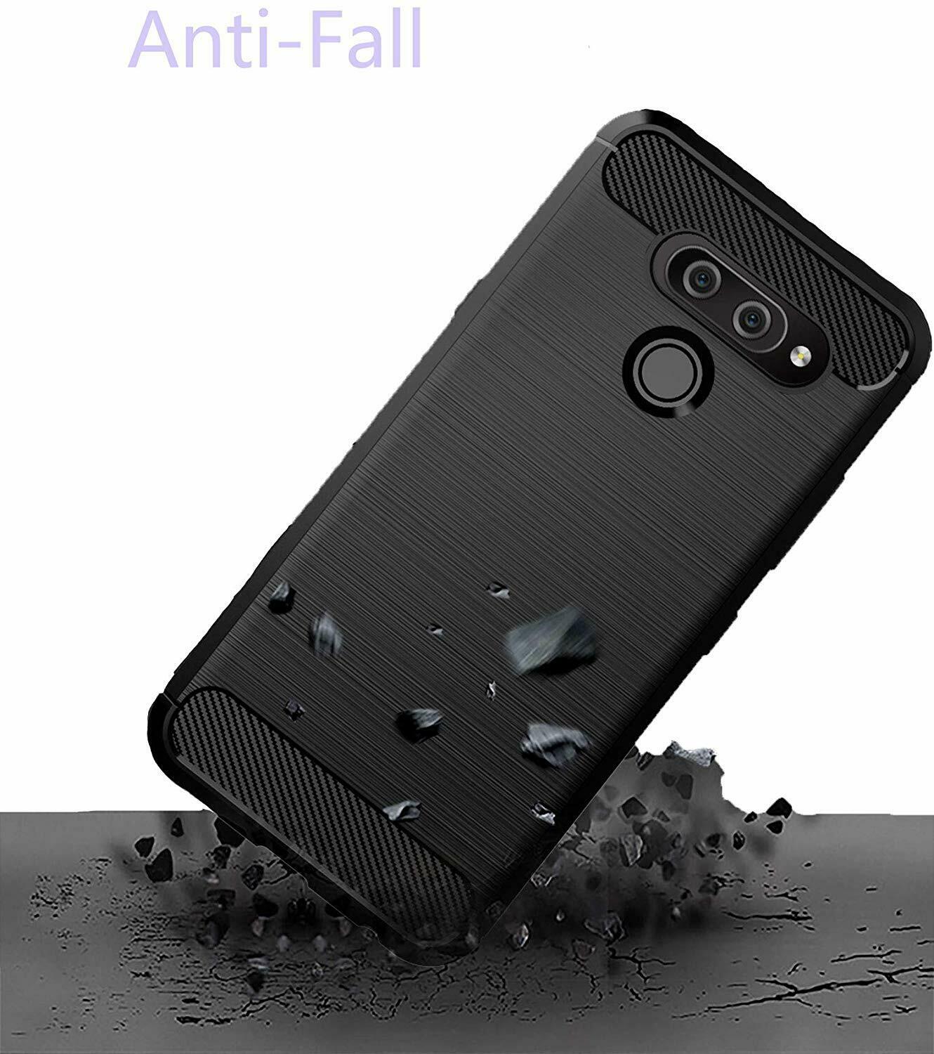 For LG Q60  Slim Shockproof Carbon Fibre Gel Phone Case +Screen Protector