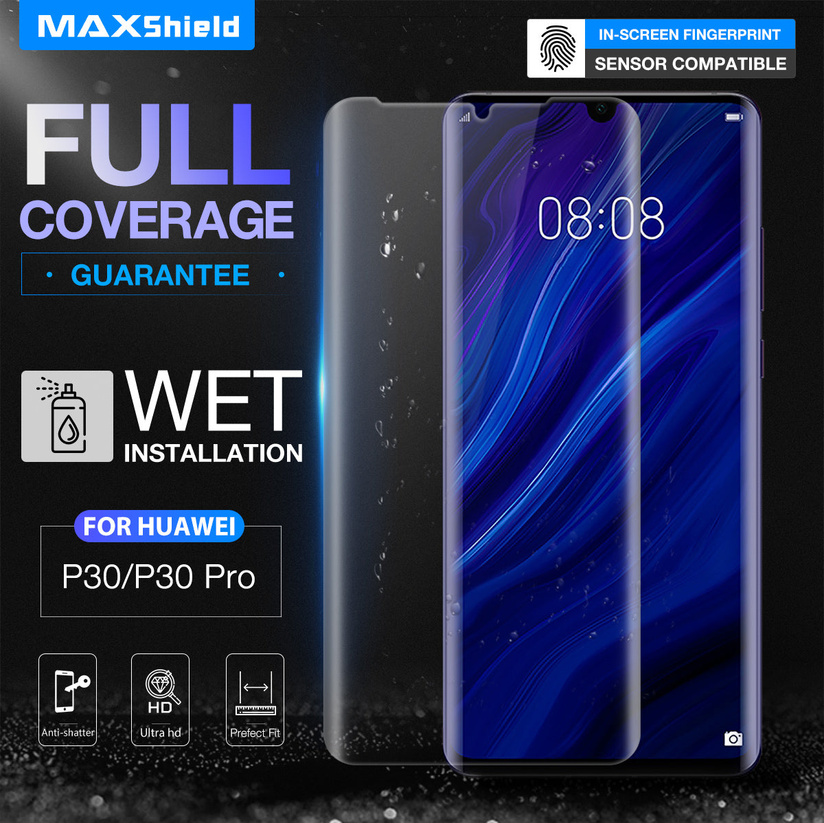 Huawei P30 Pro Screen Protector, MaxShield HD Aqua Crystal Film Guard