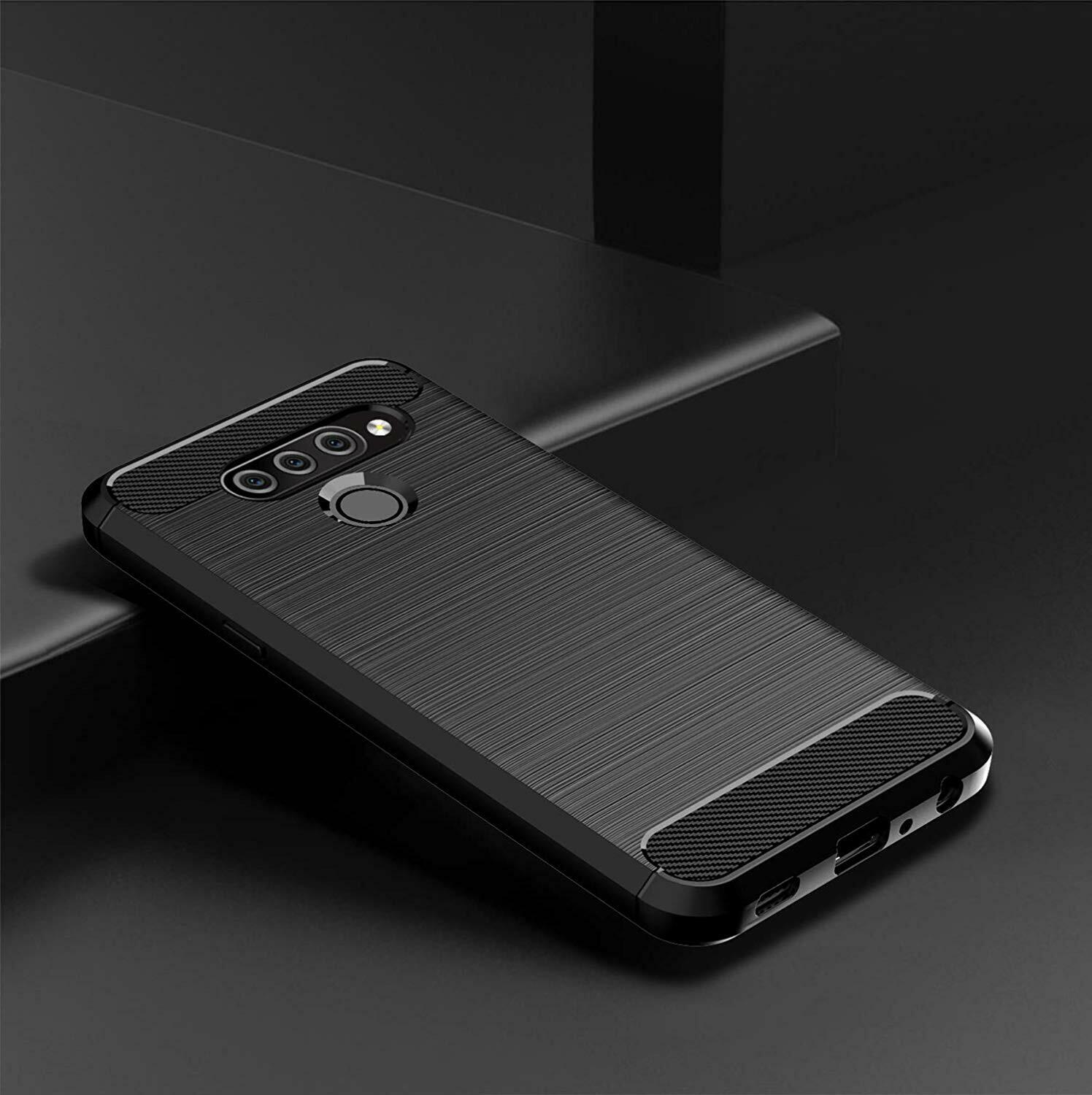 For LG Q60  Slim Shockproof Carbon Fibre Gel Phone Case +Screen Protector