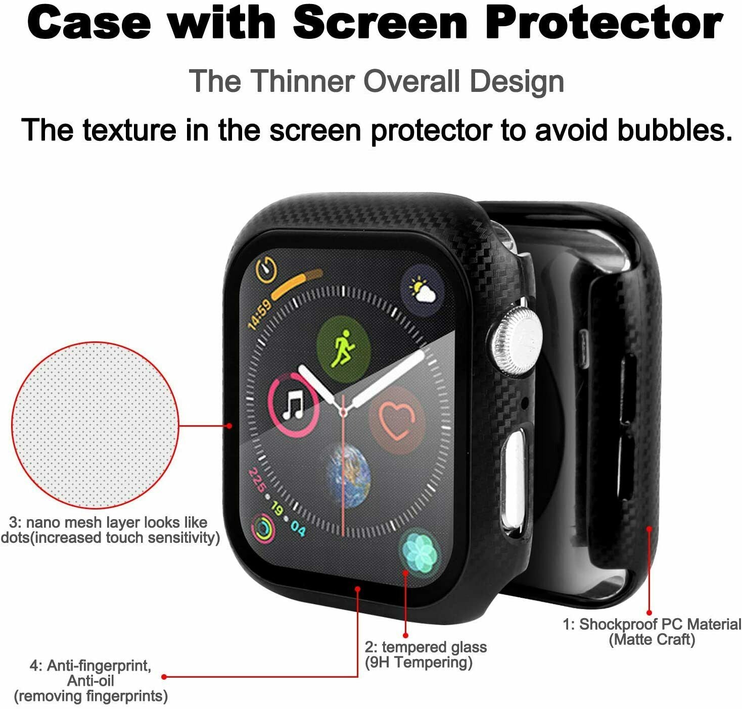 Apple Watch Series SE/6/5/4 44mm 360° TPU Carbon Fiber Full Cover Tempered Glass Case