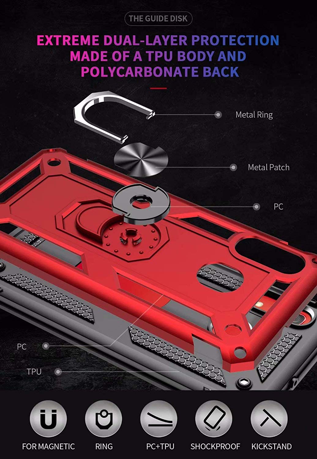 Samsung Galaxy A50 Anti Scratch Rugged Magnetic Car Mount Ring Case Heavy Duty Case Cover (Red)