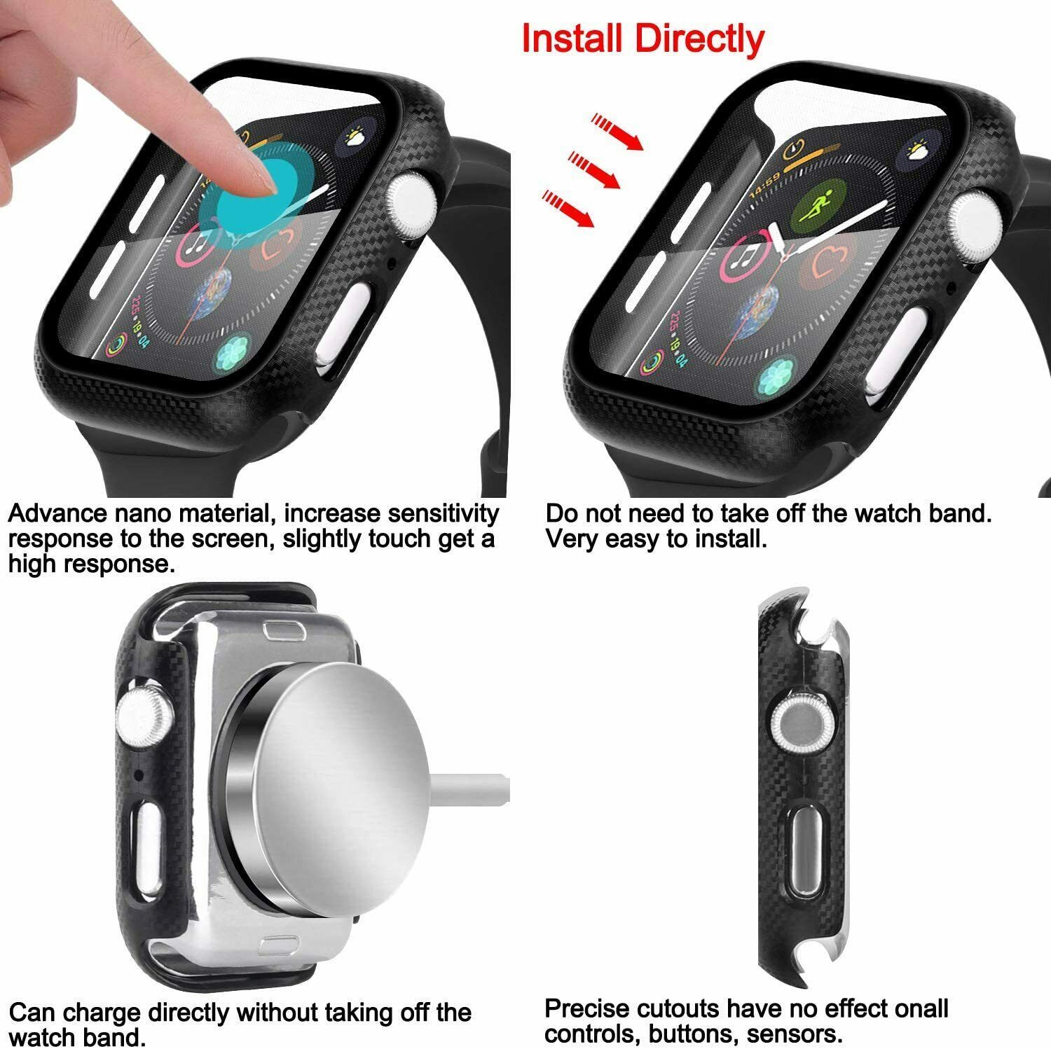 Apple Watch Series SE/6/5/4 44mm 360° TPU Carbon Fiber Full Cover Tempered Glass Case