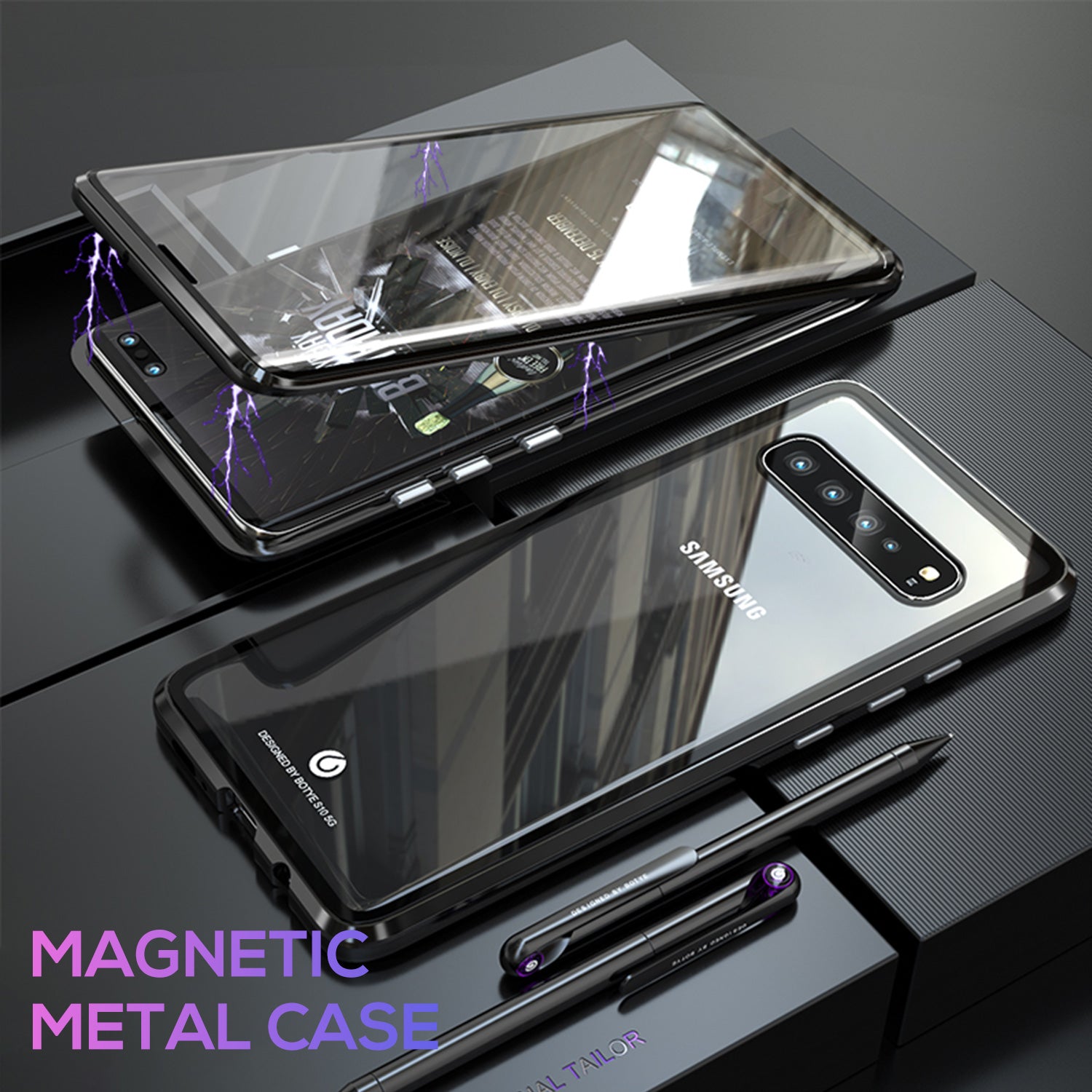 For Galaxy S10 Plus Magnetic Metal Tempered Glass Case Cover-Black, White, Red