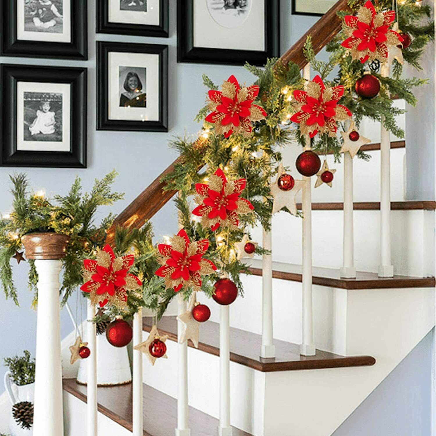 5/10PCS Christmas Glitter Poinsettia Flower Xmas Tree Wreath Hanging Decorations