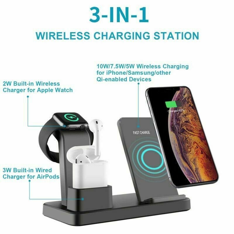3in1 Fast Charging Qi Wireless Charger Charge to Apple iPhone iWatch headphone