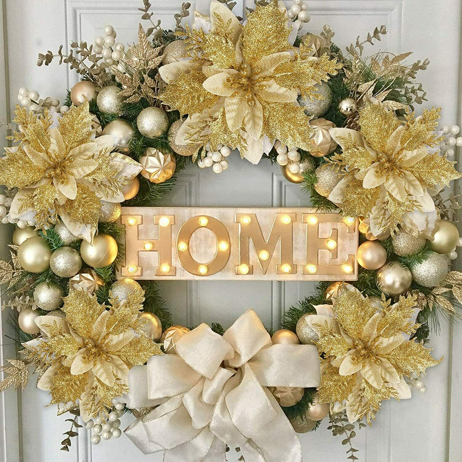 5/10PCS Christmas Glitter Poinsettia Flower Xmas Tree Wreath Hanging Decorations