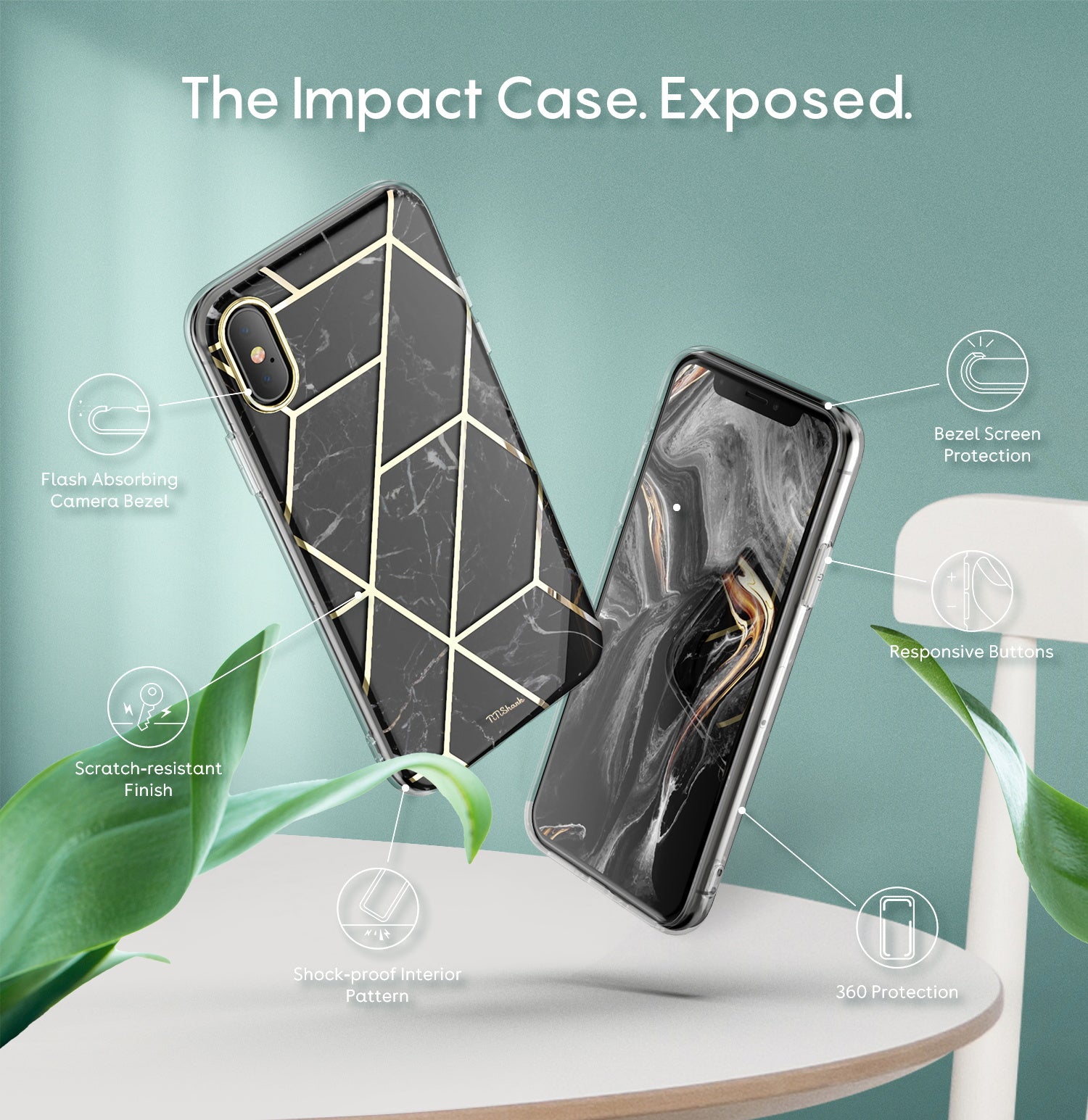 TiTiShark For iPhone X/XS Case Clear Marble Shockproof Case-Black