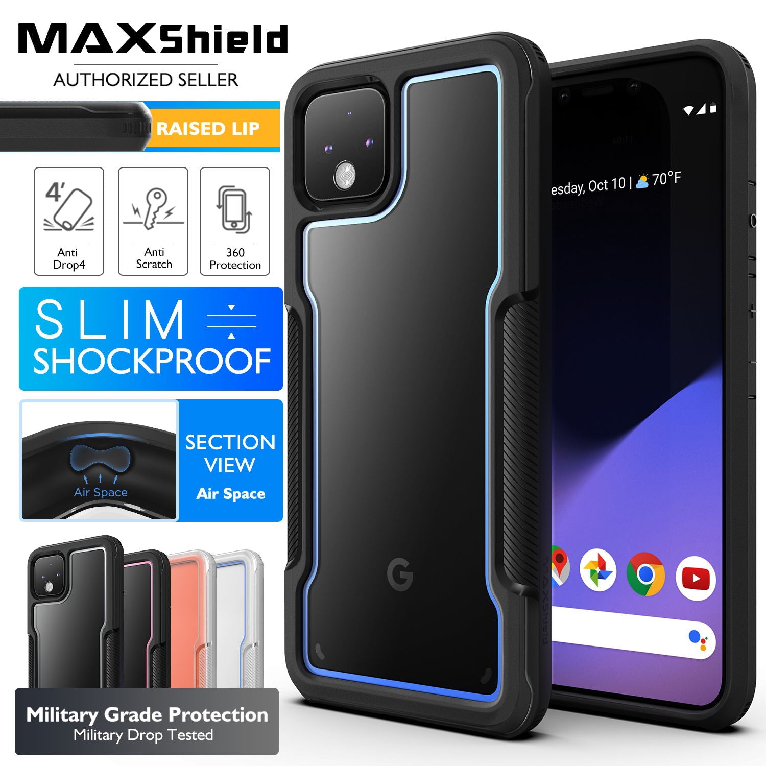 Pixel 4 Case MAXSHIELD Heavy Duty Shockproof Clear Slim Hybrid Cover