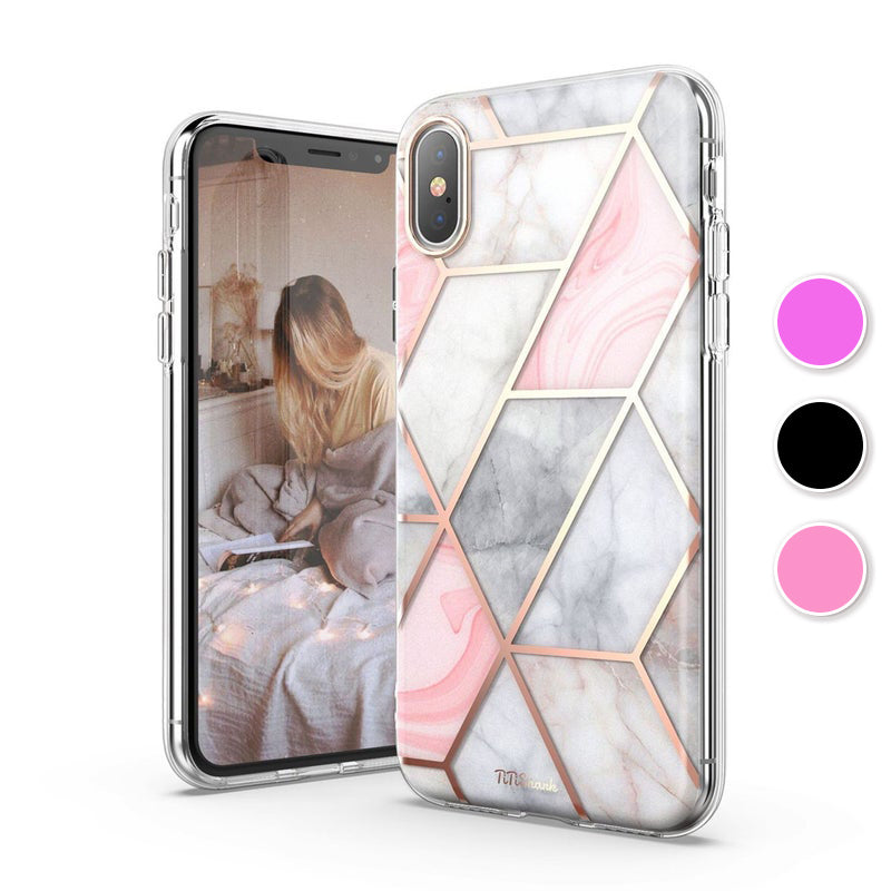 TiTiShark For iPhone X/XS Case Clear Marble Shockproof Case-Pink