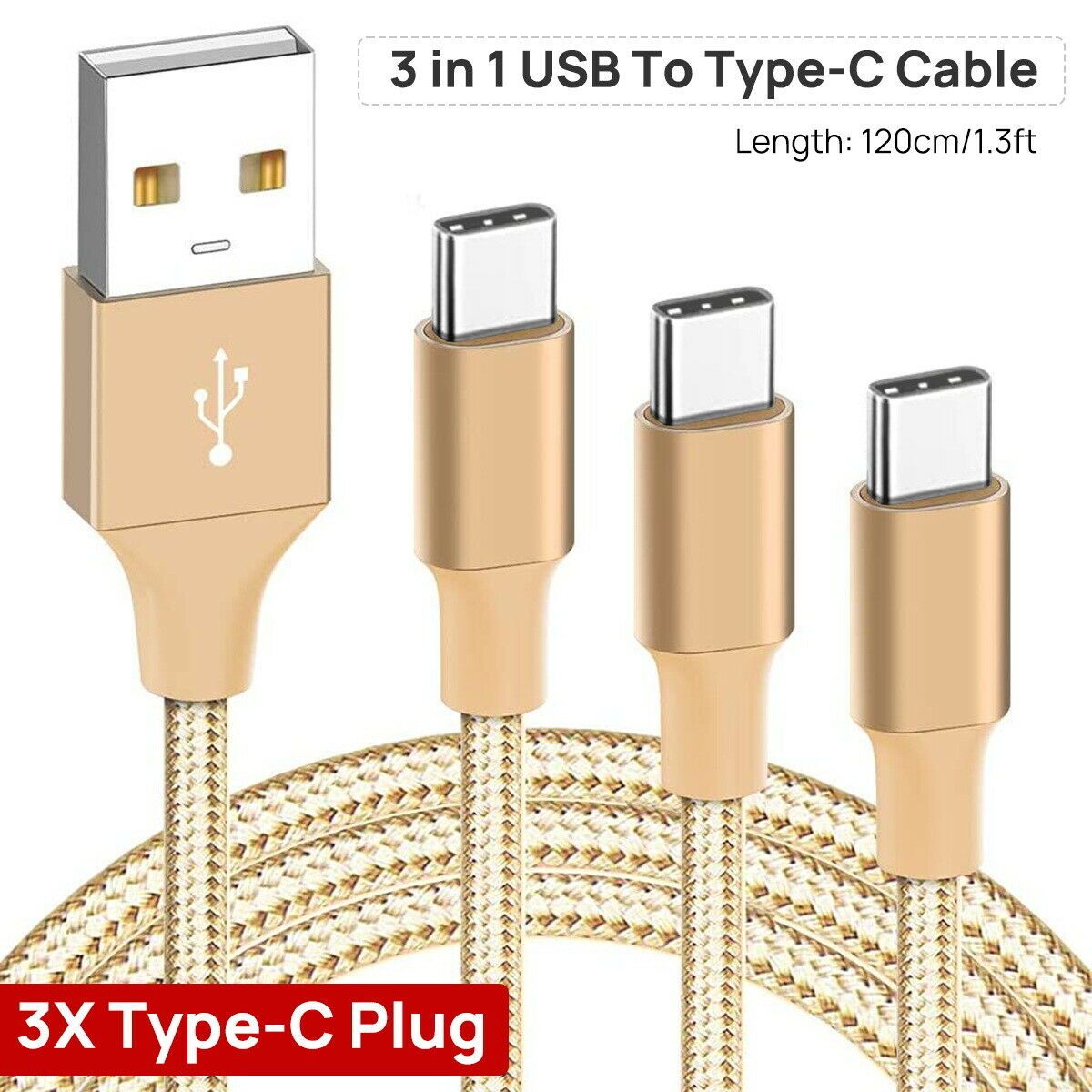 3 in 1 Multi USB Charger Charging Cable Cord with 3 Type-C Plug Nylon Braided