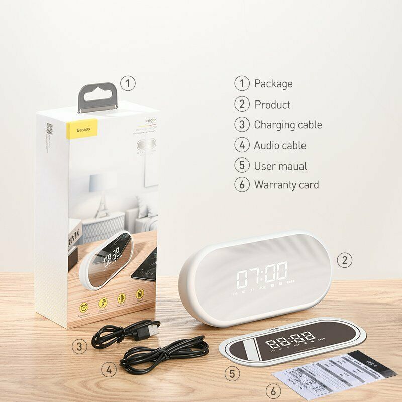 Baseus Wireless Bluetooth Speaker Digital LED Alarm Clock Handsfree FM Radio-White
