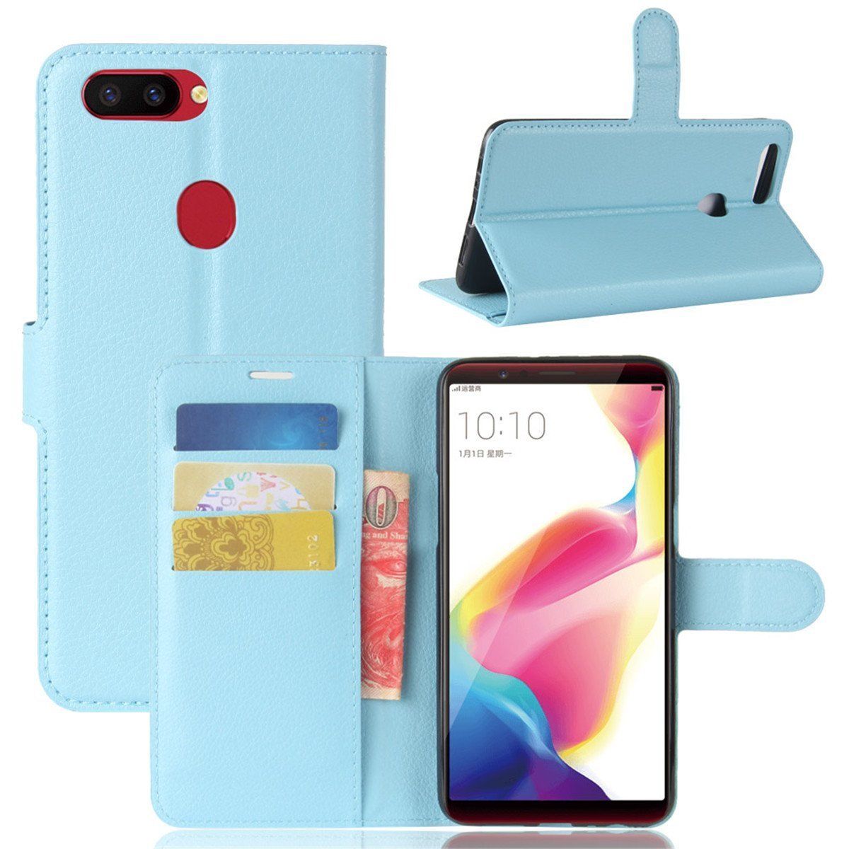 Oppo R11S Premium Leather Wallet Case Cover For Oppo Case-Sky Blue