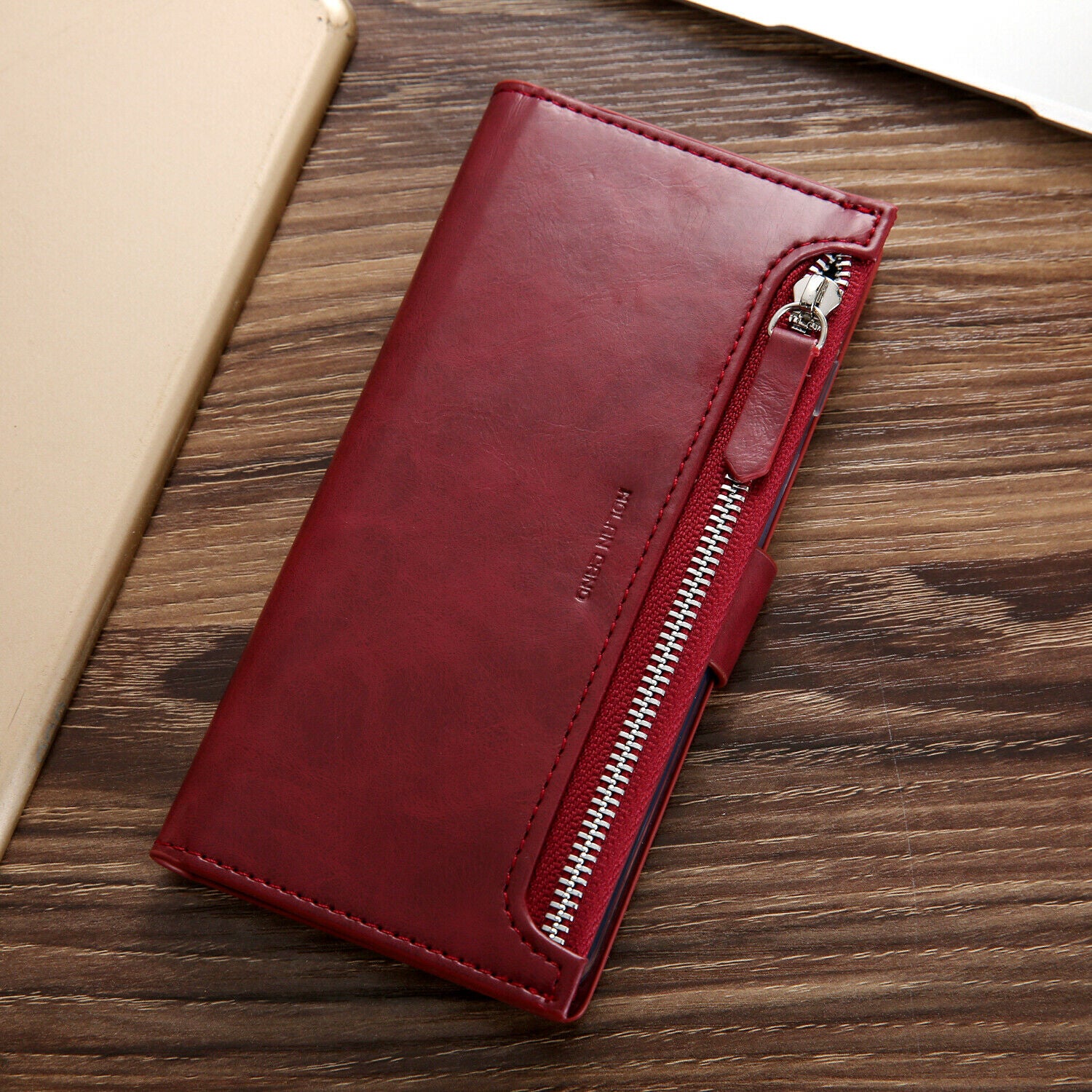 Samsung Galaxy S10 Plus Zipper Leather Wallet Card Magnetic Case Cover-Brown