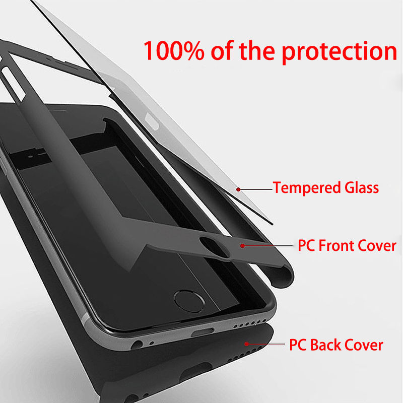 iPhone 8 Full Body Shockproof Case Cover + Tempered Glass-Black